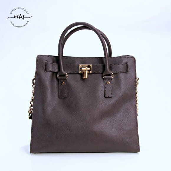 Michael Kors Hamilton Saffiano Chain Leather Brown Gold Shoulder Tote Bag Duster - Picture 4 of 16